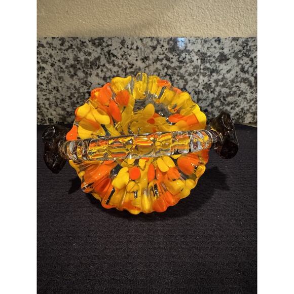 Vintage Bright Glass Mini Basket 6” height with Dark Brown Flowers on Handle - Picture 11 of 11